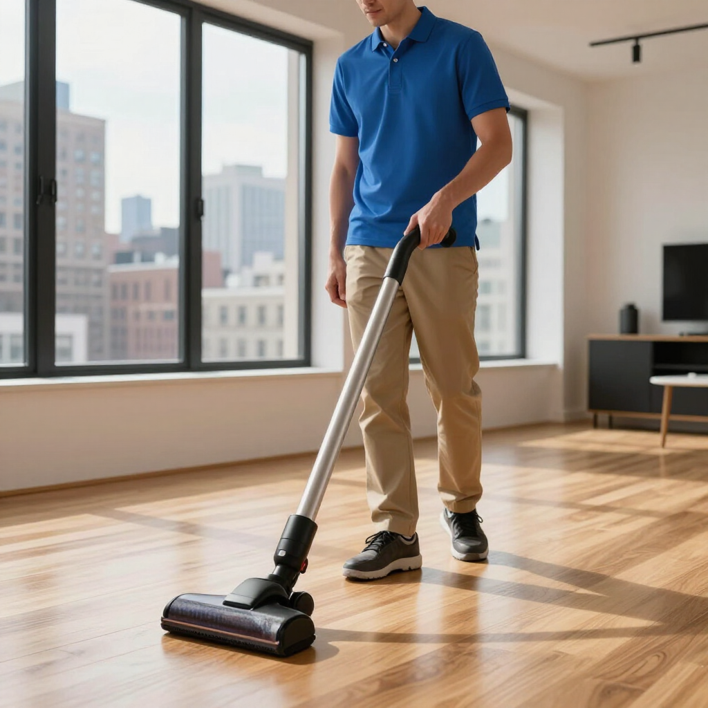 Person vacuuming a sunlit hardwood floor in a modern apartment with large windows