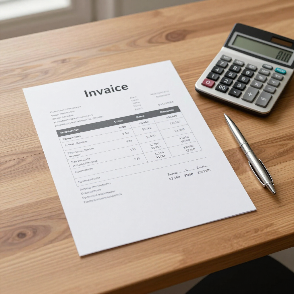 Invoice, calculator, and pen on a wooden desk in a tidy office setting
