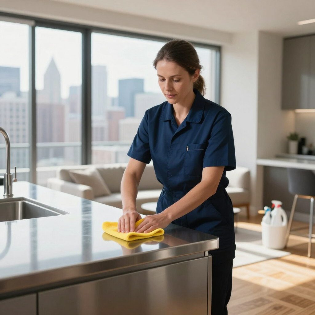 Person wiping a kitchen counter with a yellow cloth in a bright modern apartment