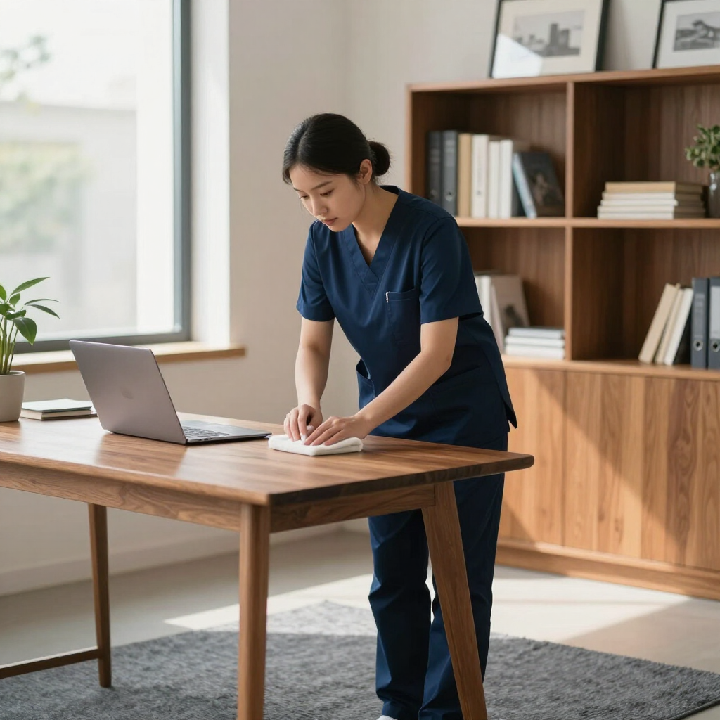 Person in navy scrubs writing at a wooden table beside a laptop in a bright office