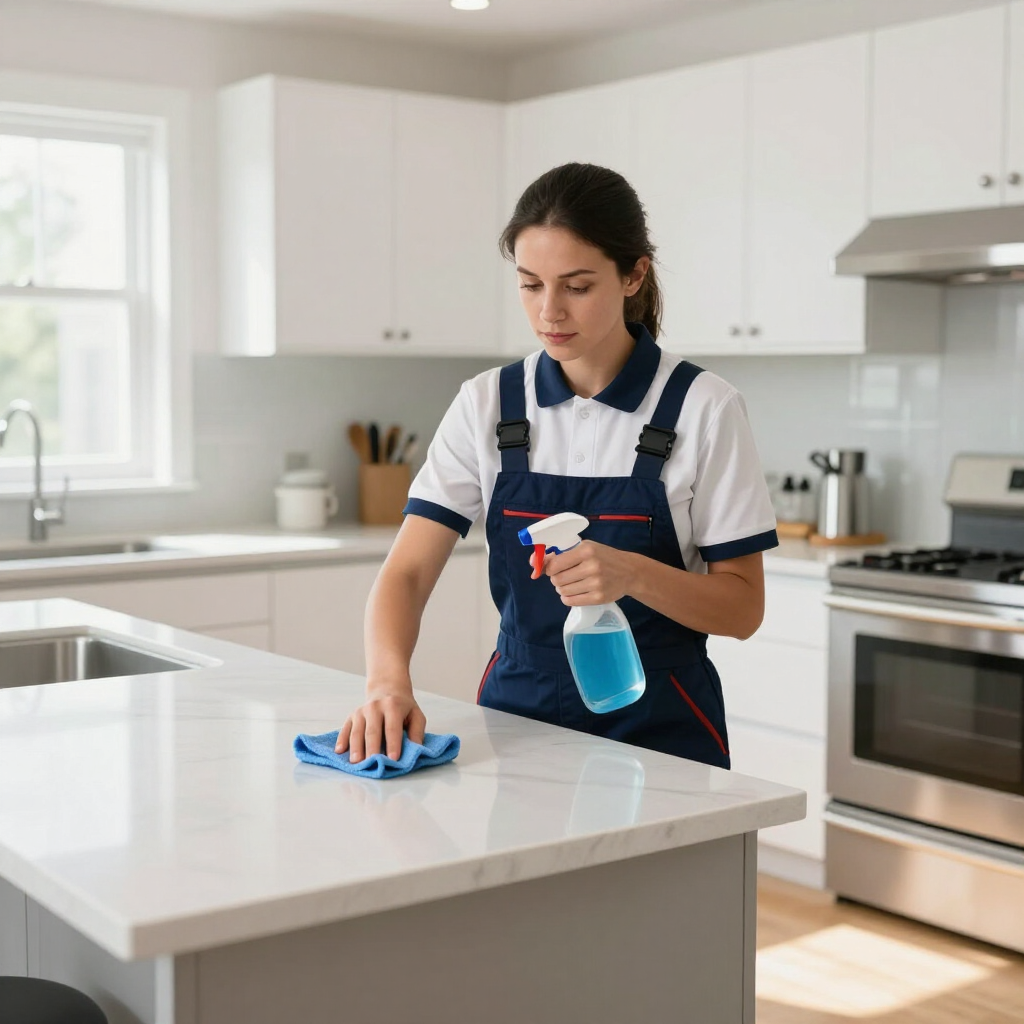 Person cleaning a kitchen countertop with a blue cloth and spray bottle