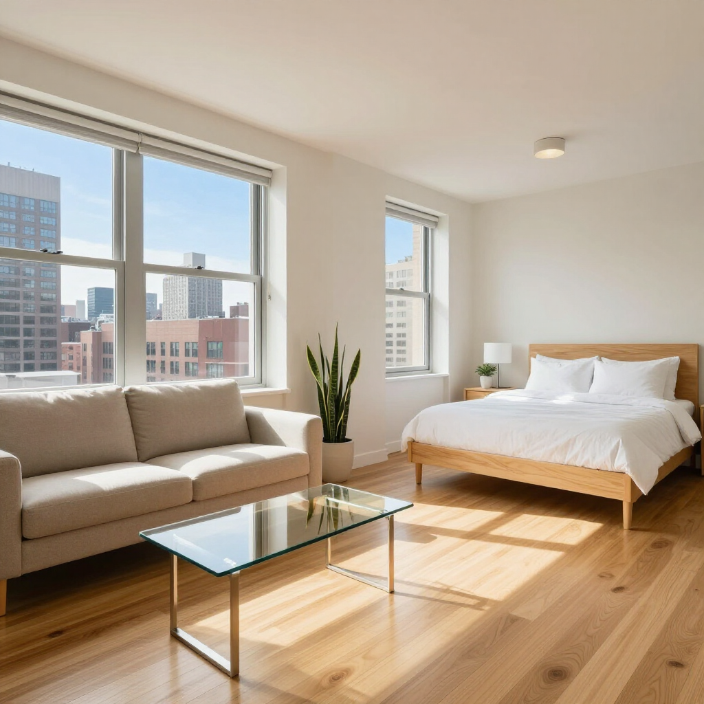 Bright modern bedroom with a bed, beige sofa, glass coffee table, and sunlight from large windows