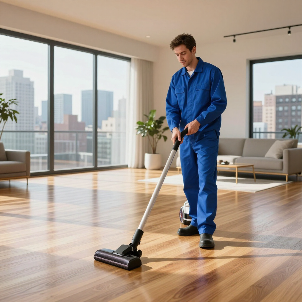 Man vacuuming a polished wooden floor in a bright modern apartment