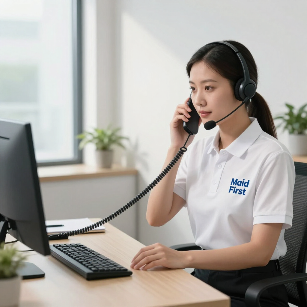 Call center agent wearing headset at desk, speaking on phone beside a computer in a bright office