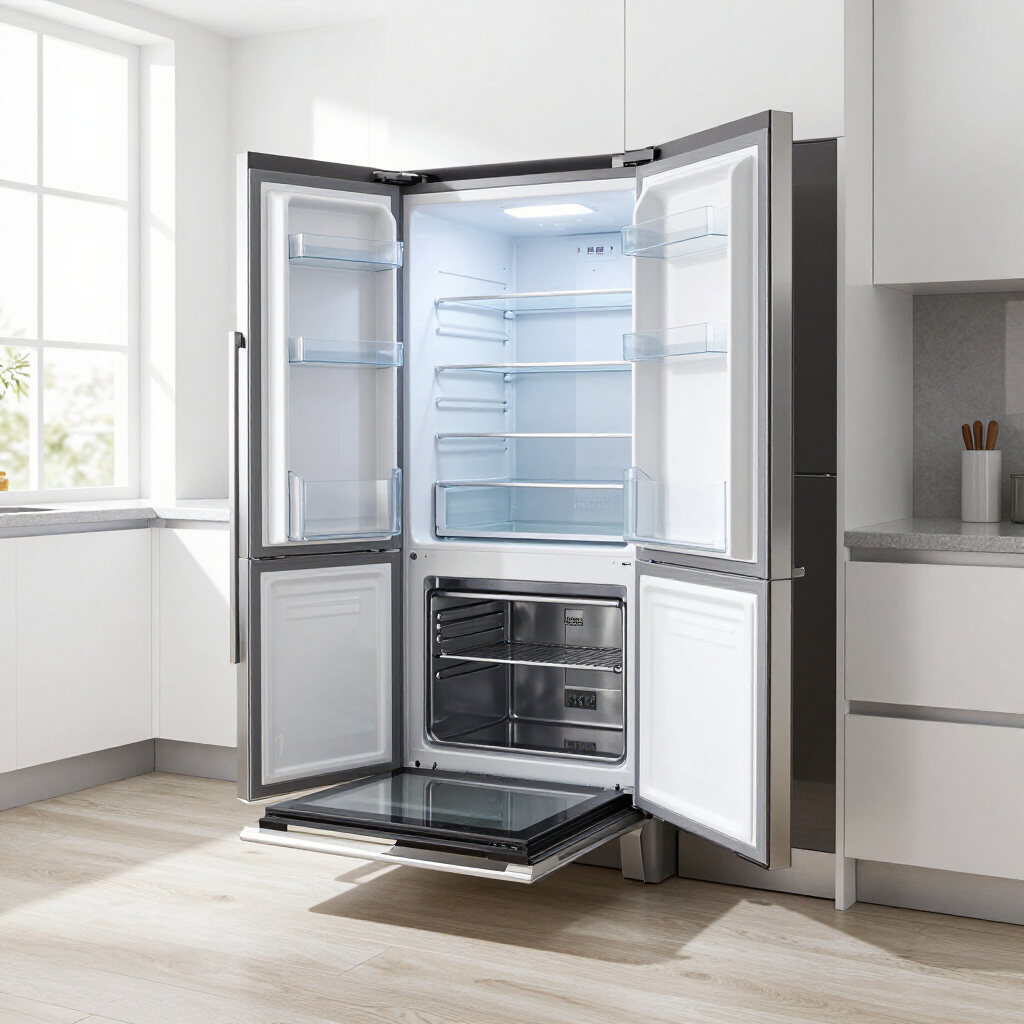 Open French-door refrigerator with empty shelves in a bright modern kitchen