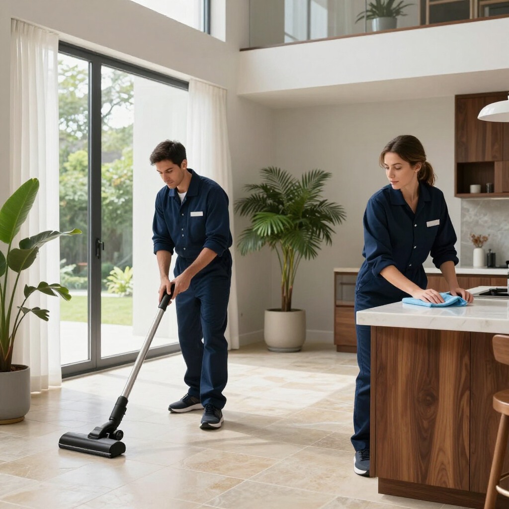Two cleaners in navy uniforms vacuum and wipe a bright modern lobby with tall windows