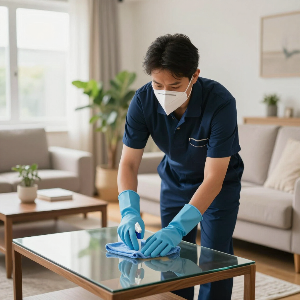 Cleaner disinfecting a glass coffee table in a bright living room
