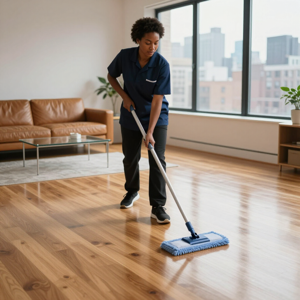 Person mopping a hardwood floor in a bright living room with large windows and a leather sofa