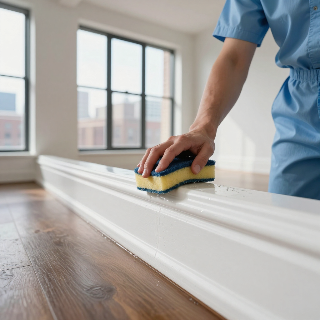 Person wiping a white windowsill with a sponge in a bright room with wooden floors