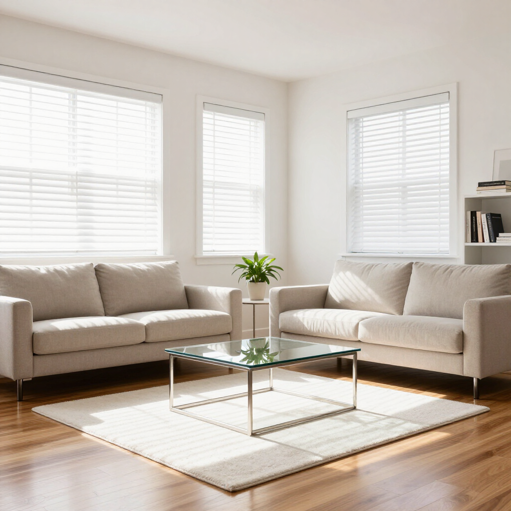 Bright living room with beige sofas, glass coffee table, white blinds, and sunlight on wooden floor