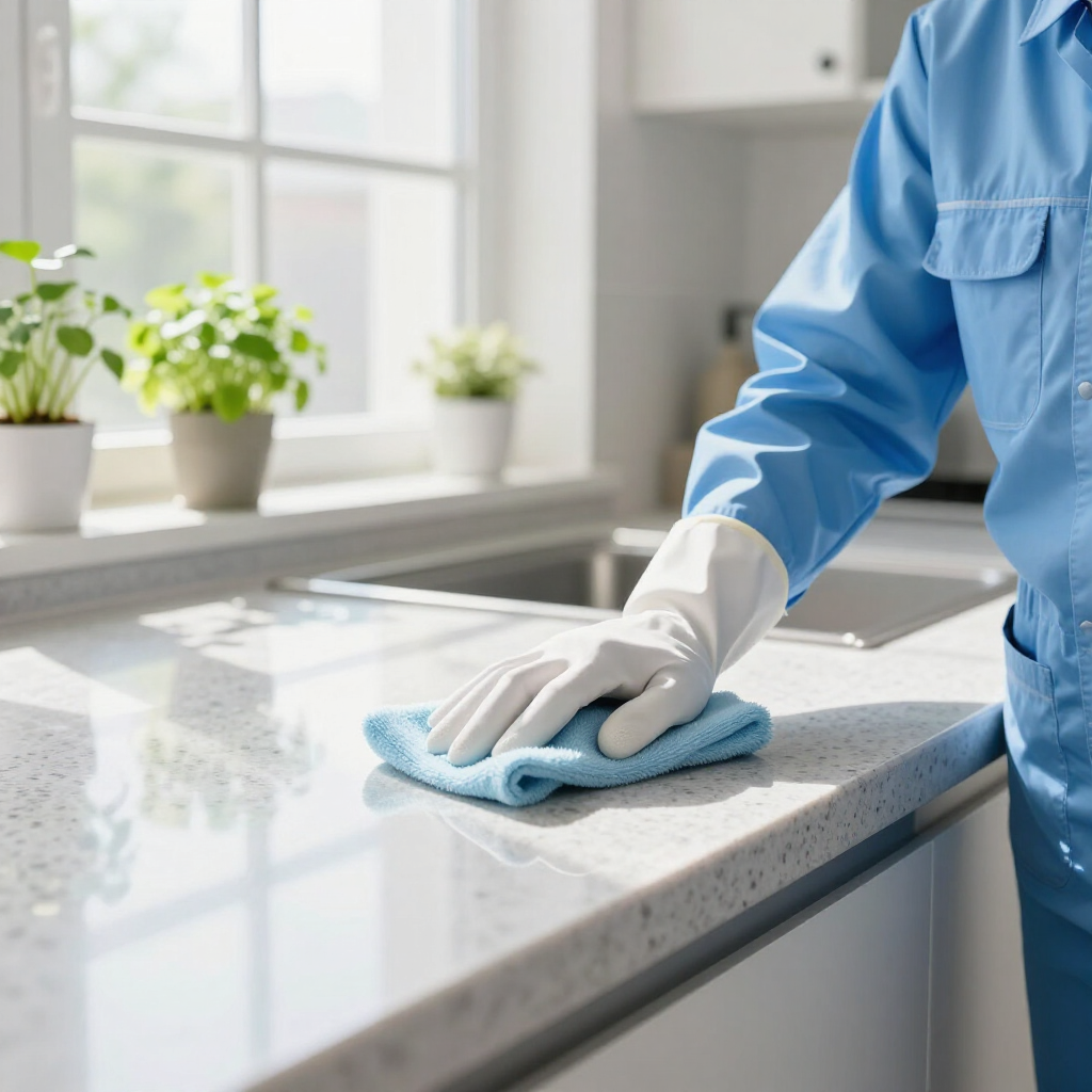 Person wiping a white kitchen countertop with a blue cloth near a sunlit window and potted plants