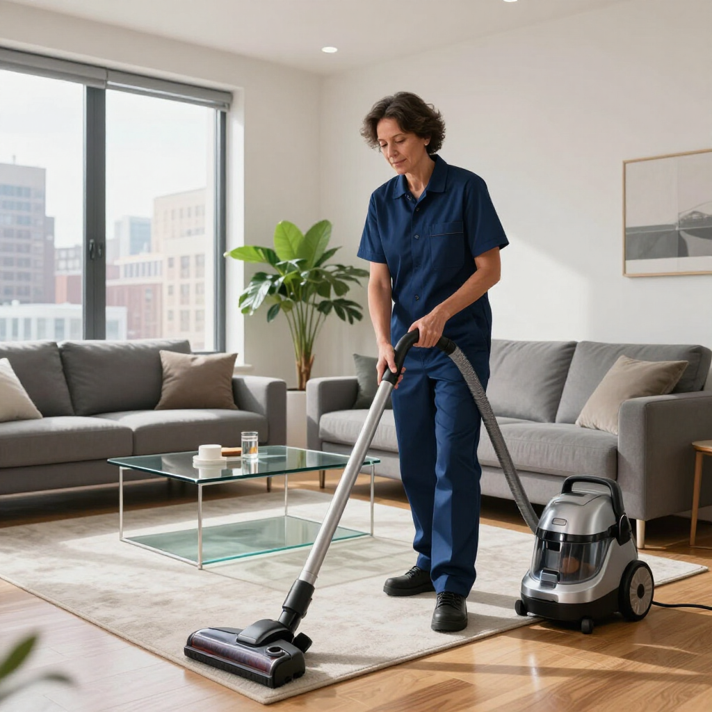Person vacuuming a modern living room with a canister vacuum cleaner