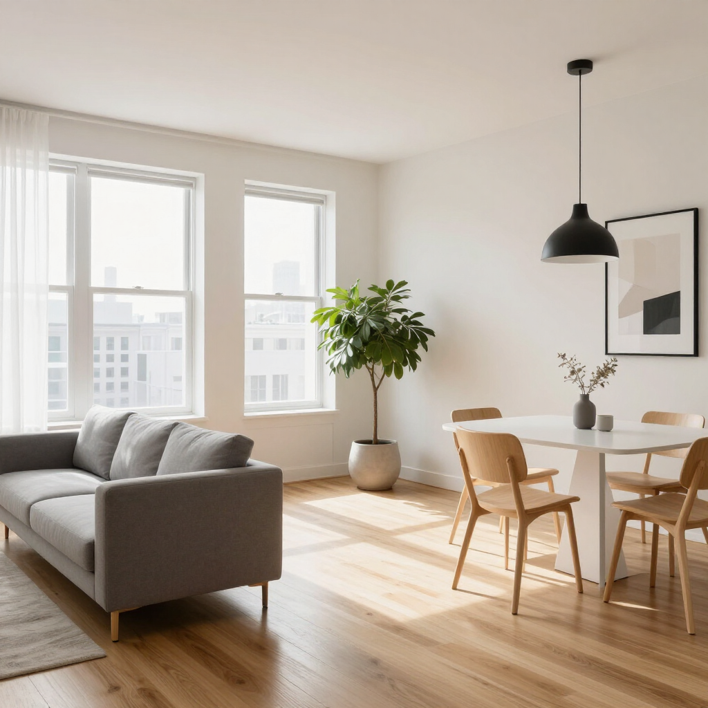 Bright minimalist living-dining room with gray sofa, wooden table, chairs, plants, and large windows