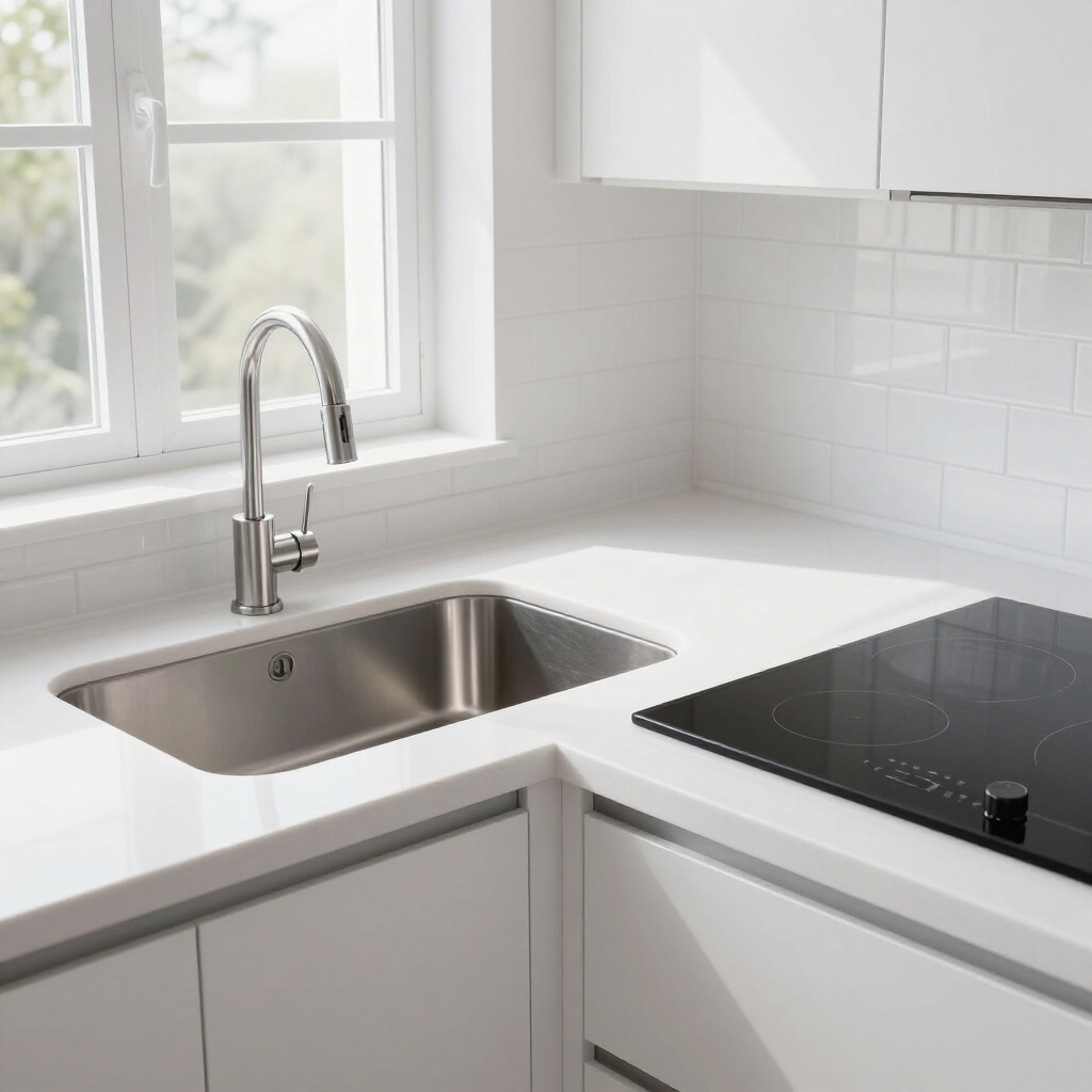 Modern kitchen corner with stainless sink, chrome faucet, white countertops, and black cooktop by a window