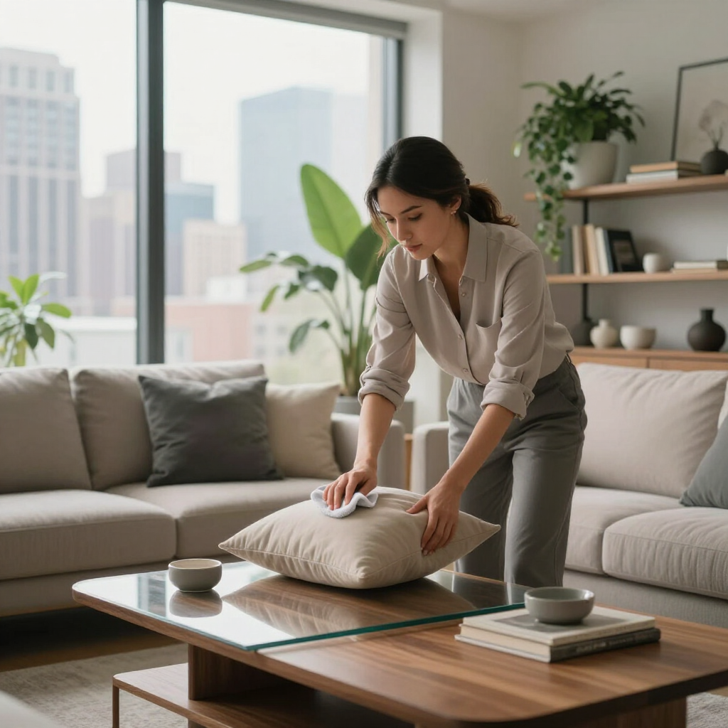 Woman arranging a beige cushion on a sofa in a bright living room with city windows.