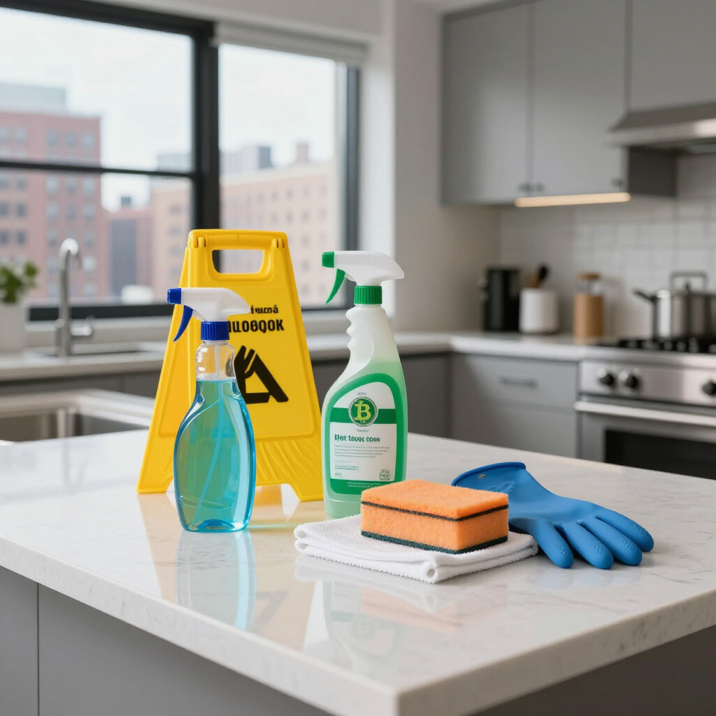 Cleaning supplies on a kitchen island, including sprays, sponges, gloves, and a caution sign.