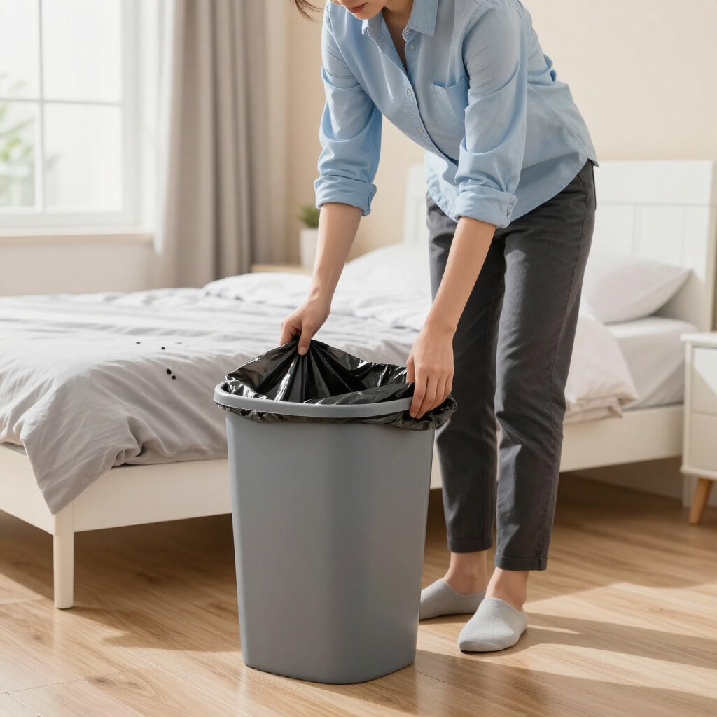 Person placing a trash bag into a gray bin beside a bed in a bright bedroom
