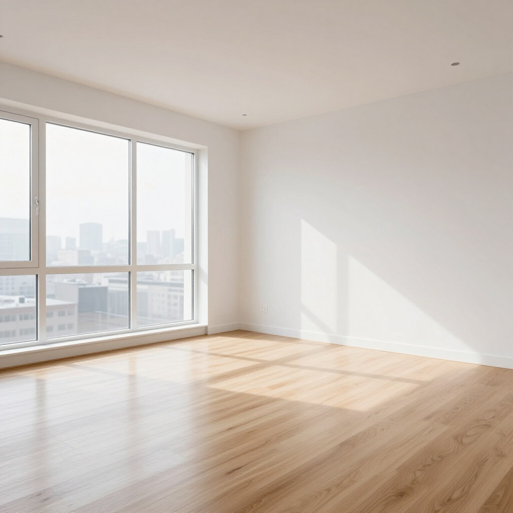 Empty sunlit room with hardwood floors and large windows overlooking a city skyline