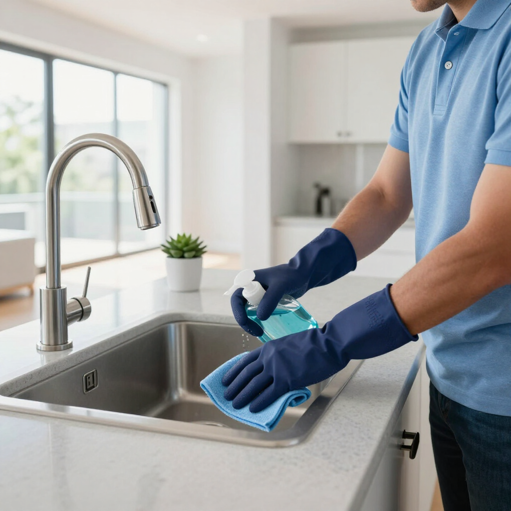 Person wearing blue gloves wipes a stainless-steel kitchen sink with a cloth.