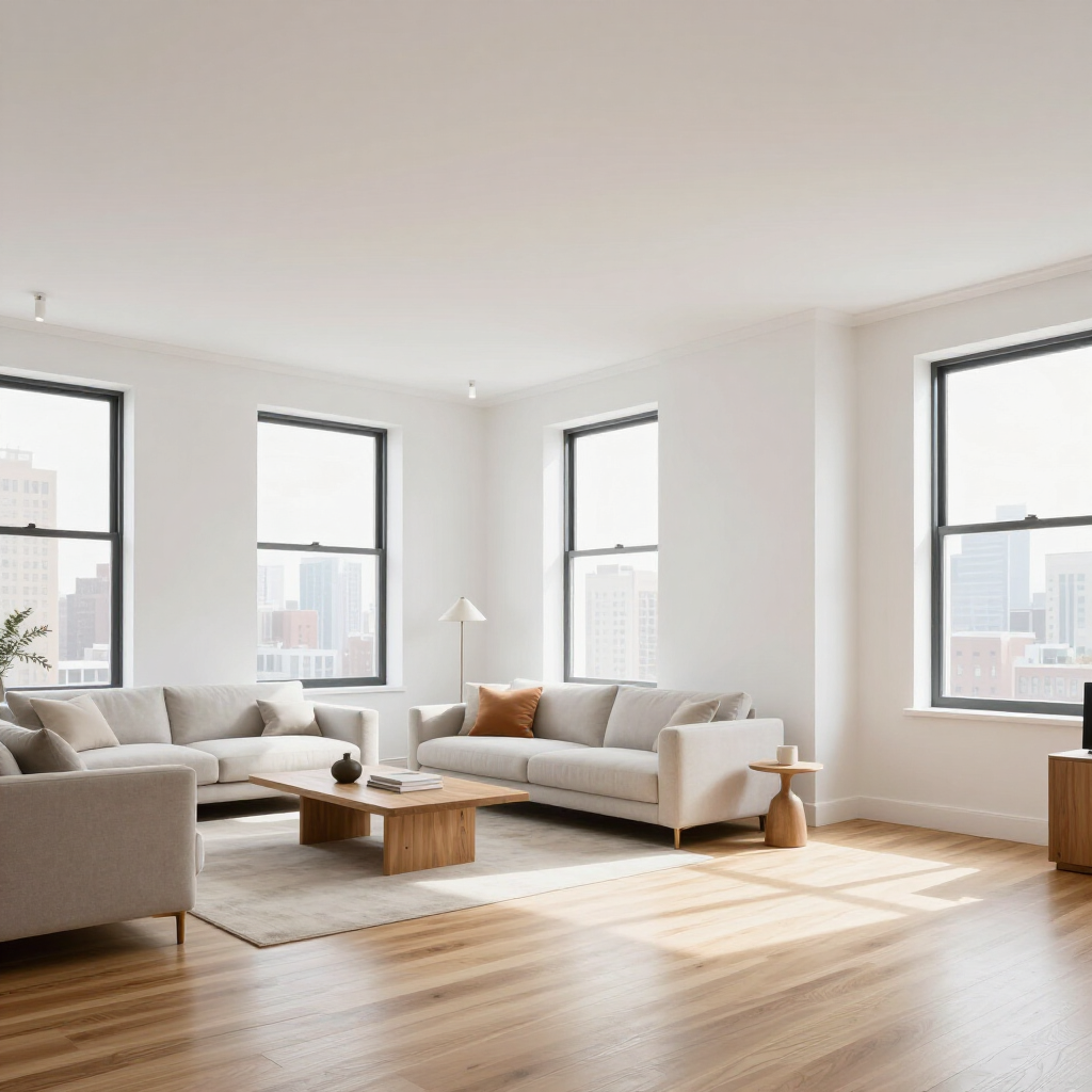 Bright minimalist living room with two beige sofas, wooden coffee tables, and city views through large windows