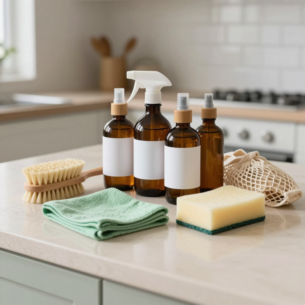 Amber cleaning bottles with spray nozzle, sponge, brush, cloths, and a mesh bag on a kitchen counter