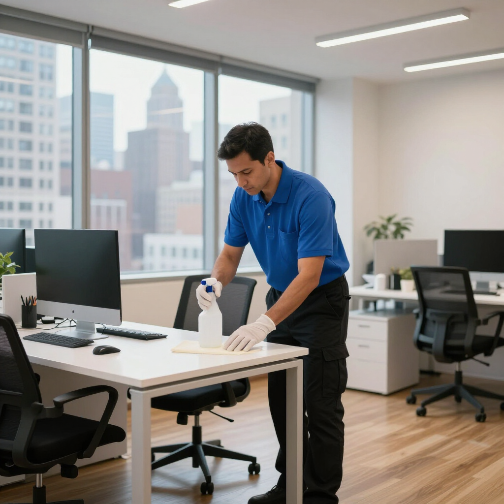 Office worker cleaning a white desk with a spray bottle in a bright modern office