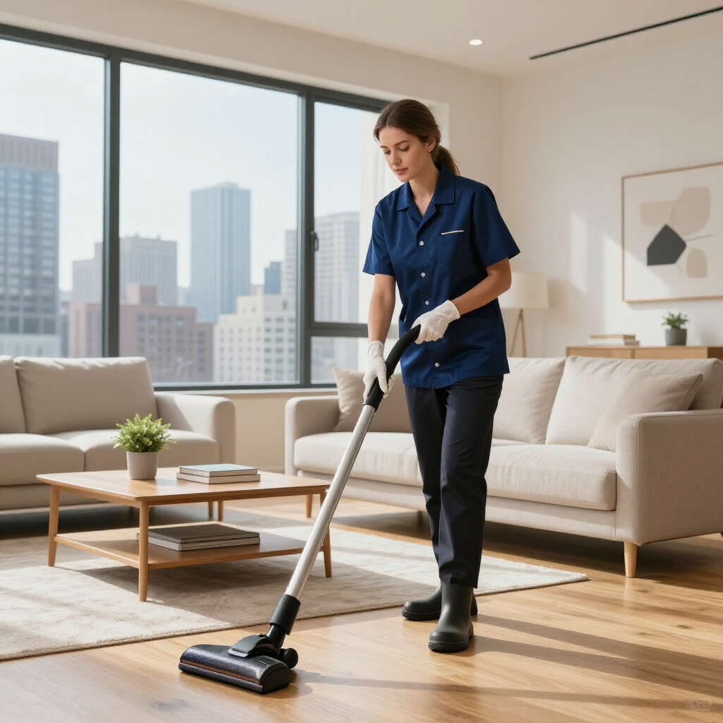 Cleaner vacuuming a bright living room with a city view and beige sofa