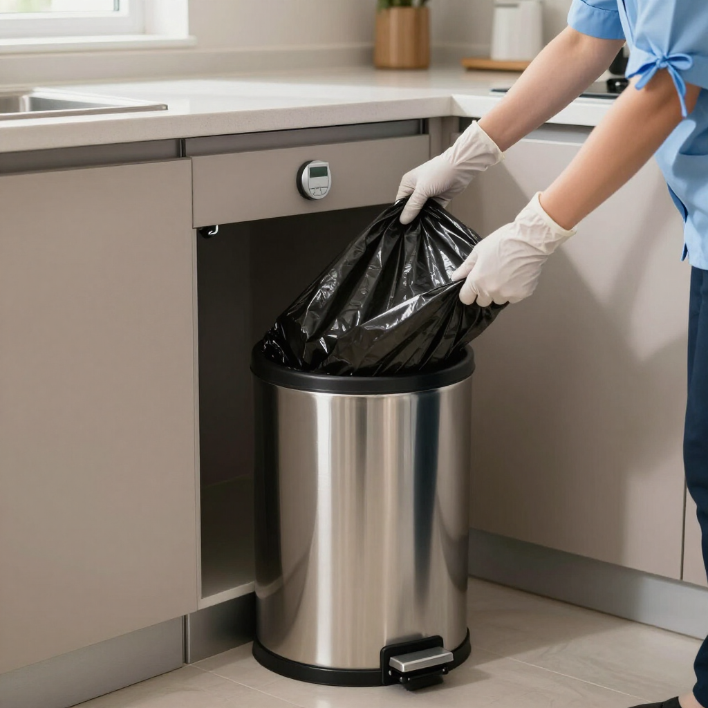 Gloved hands place a trash bag into a stainless steel kitchen step trash can.