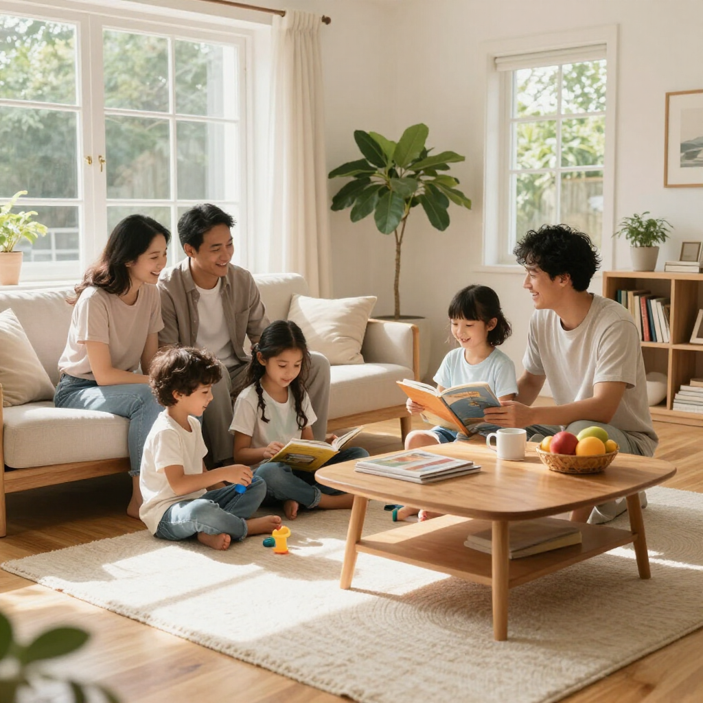 Family reading and playing together in a sunlit living room with beige sofas and a wooden coffee table.