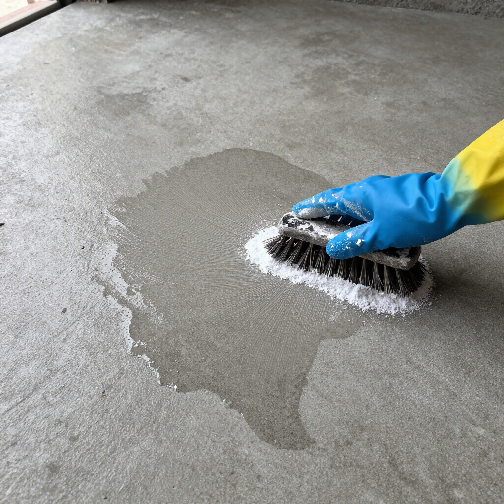 Blue-gloved hand scrubbing a wet concrete floor with a brush