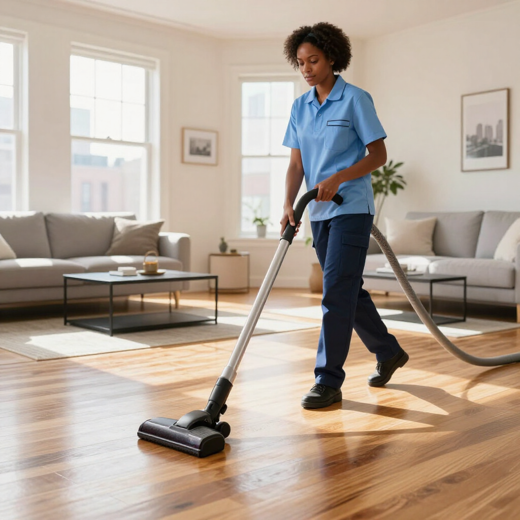 Cleaner vacuuming hardwood floor in a bright living room with sofas and sunlight