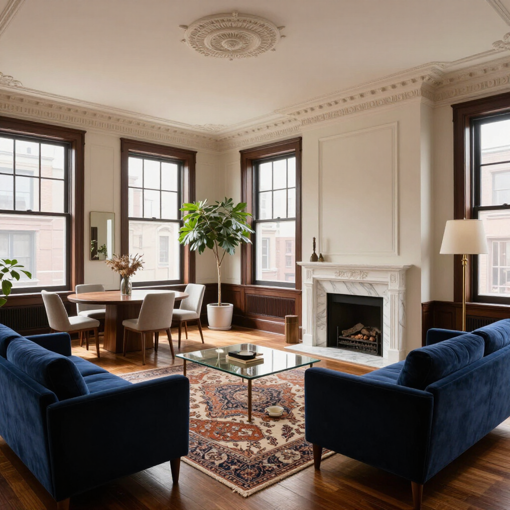 Elegant living room with navy sofas, patterned rug, fireplace, and large windows overlooking city buildings