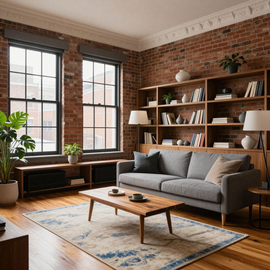 Cozy living room with gray sofa, wooden coffee table, bookshelves, brick walls, and large windows.
