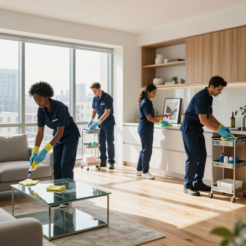 Cleaning crew vacuuming and wiping a bright modern living room and kitchen area