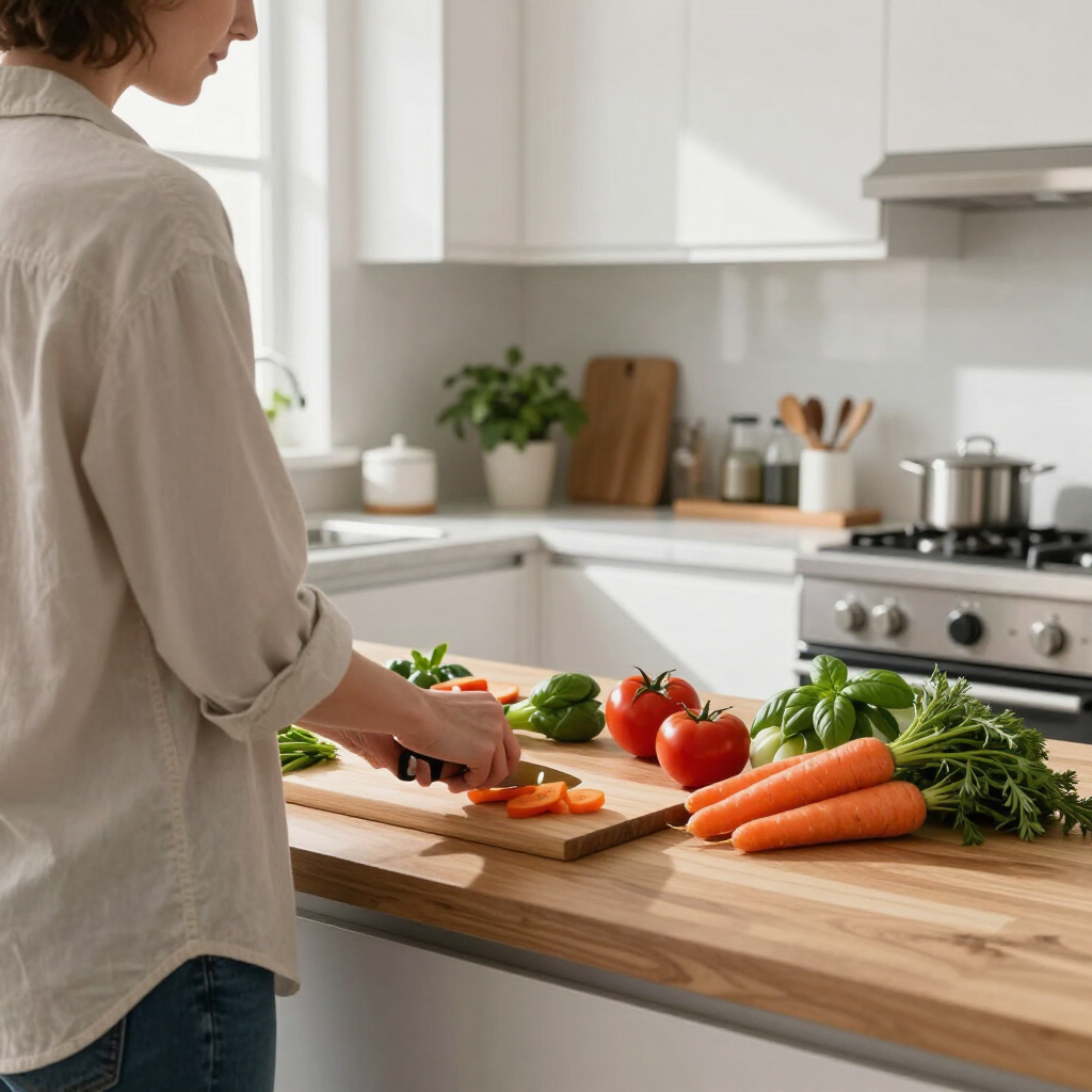 Person chopping vegetables on a kitchen counter with tomatoes, carrots, and greens nearby