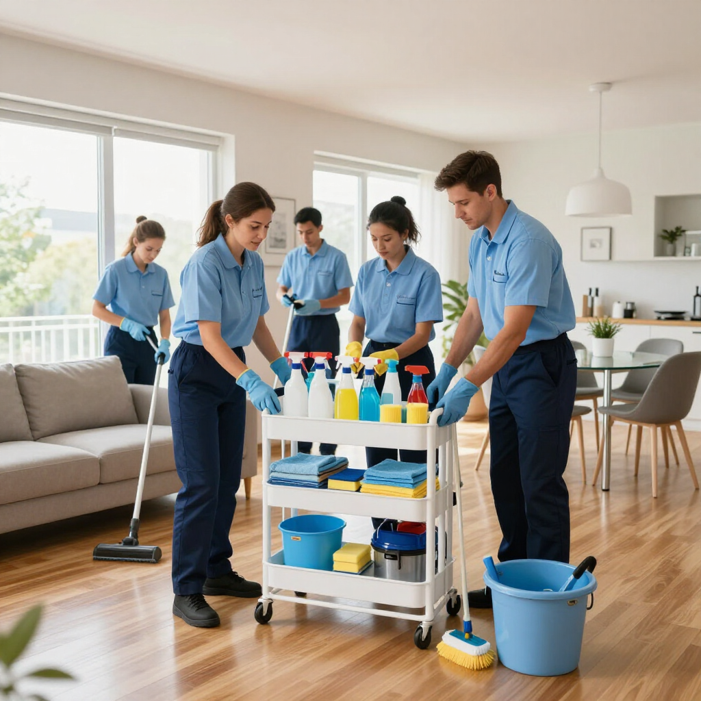 Cleaning crew in blue uniforms tidying a bright living room with a cart, mop, vacuum, and bucket
