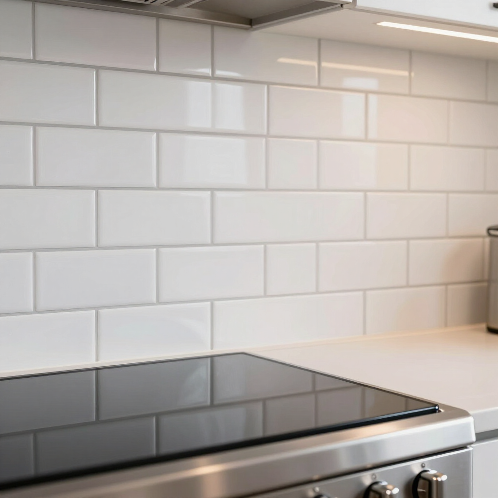 Modern kitchen with white subway tile backsplash, white countertop, and stainless steel stovetop.