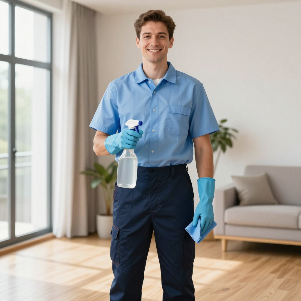 Cleaner in blue uniform holding spray bottle and cloth in a bright living room