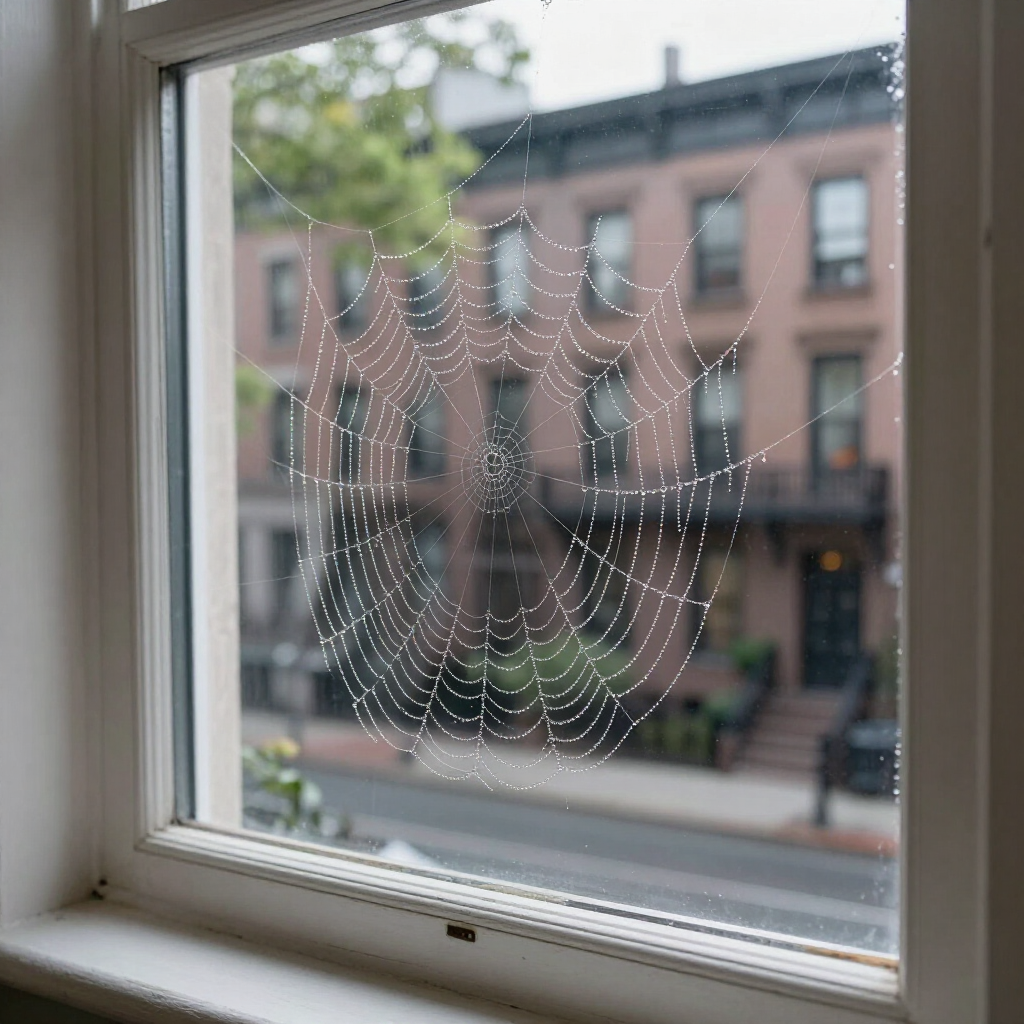 Spider web on a window overlooking a blurred brick building and street outside