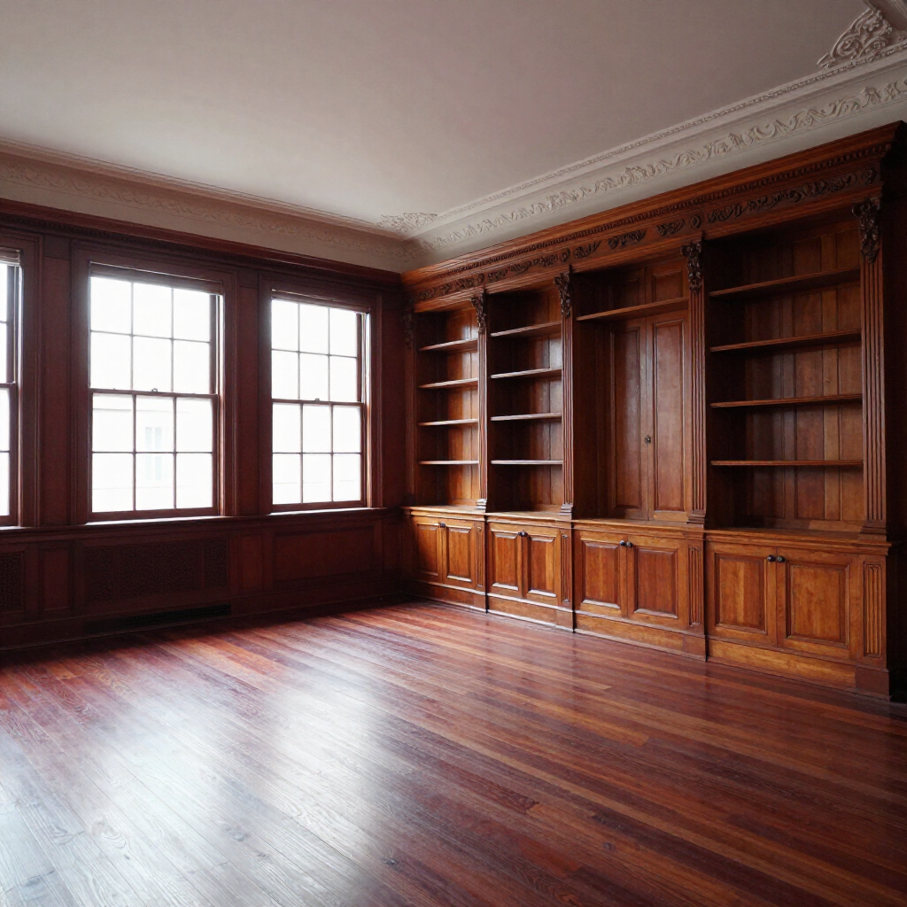 Empty wood-paneled room with large windows, polished hardwood floors, and built-in bookshelves