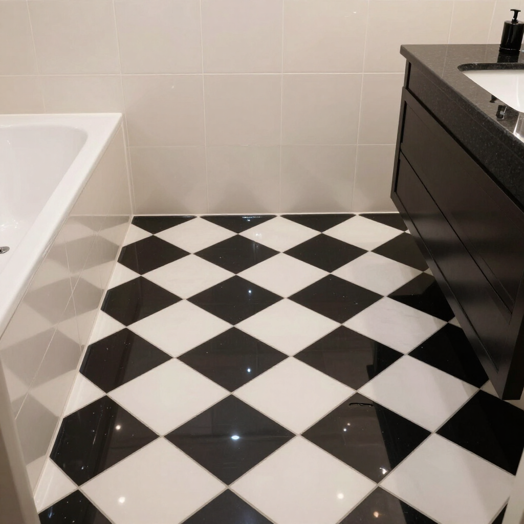Black-and-white checkerboard bathroom floor beside a bathtub and dark vanity counter