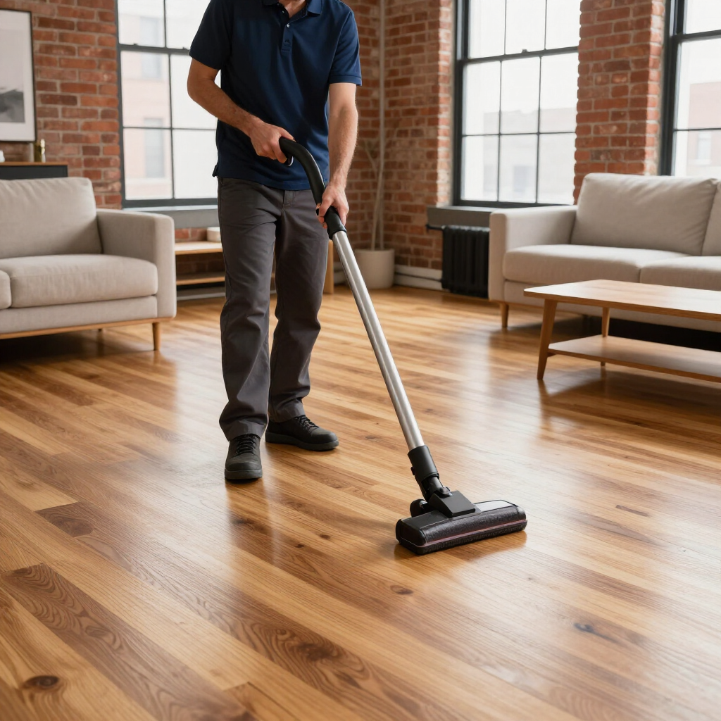 Person vacuuming a sunlit living room with hardwood floors and beige sofas