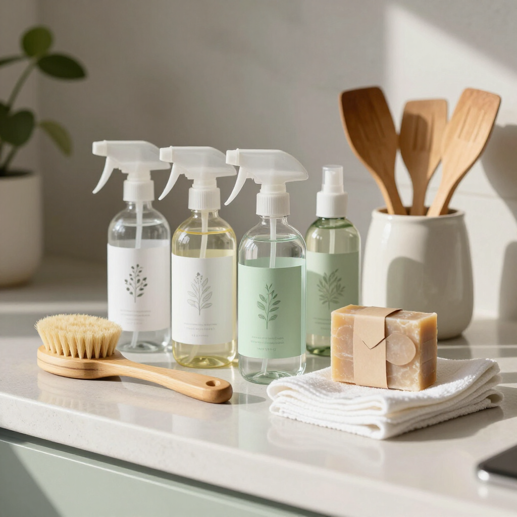 Minimalist cleaning supplies on a countertop with spray bottles, brush, soap, towels, and wooden utensils