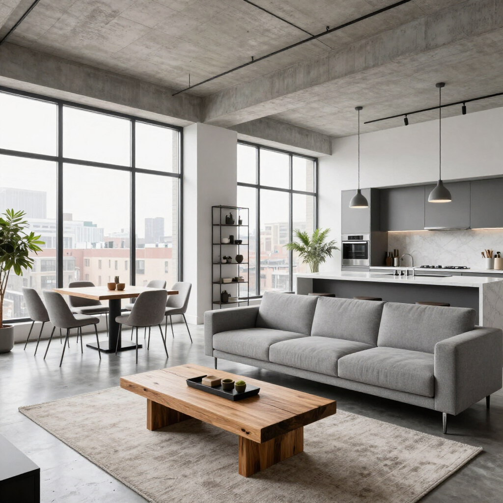 Modern loft living room with gray sofa, wooden coffee table, dining area, and kitchen by large windows