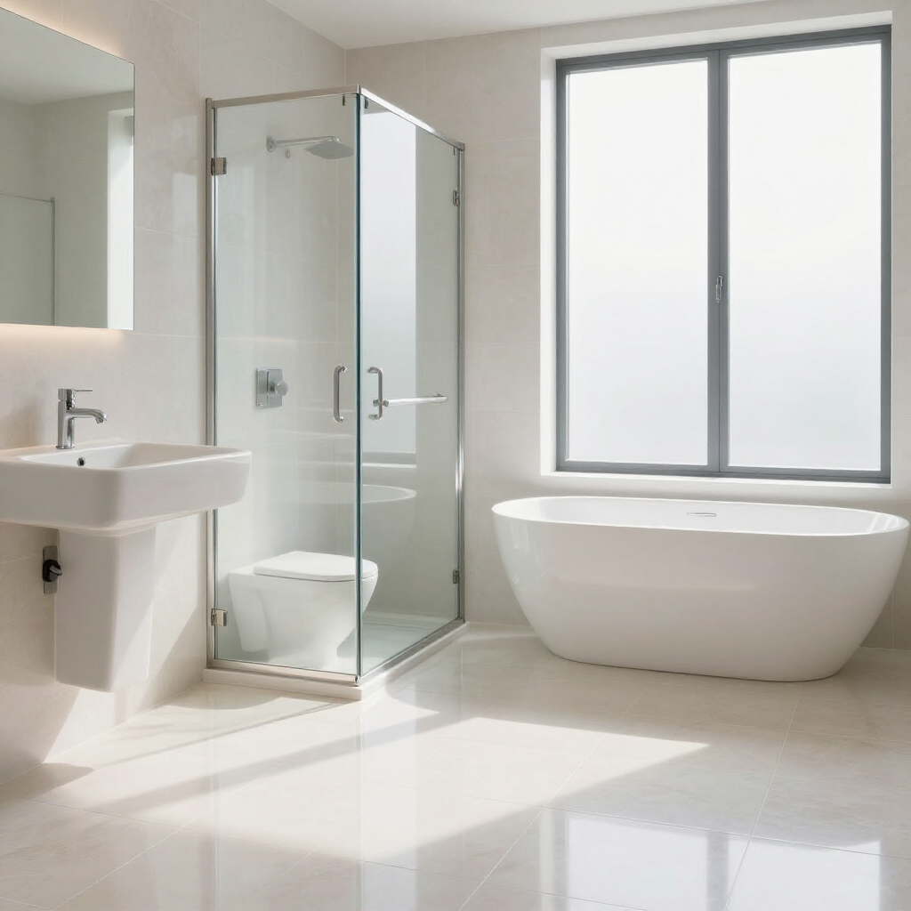Bright modern bathroom with a glass shower, white sink, freestanding tub, and large window.