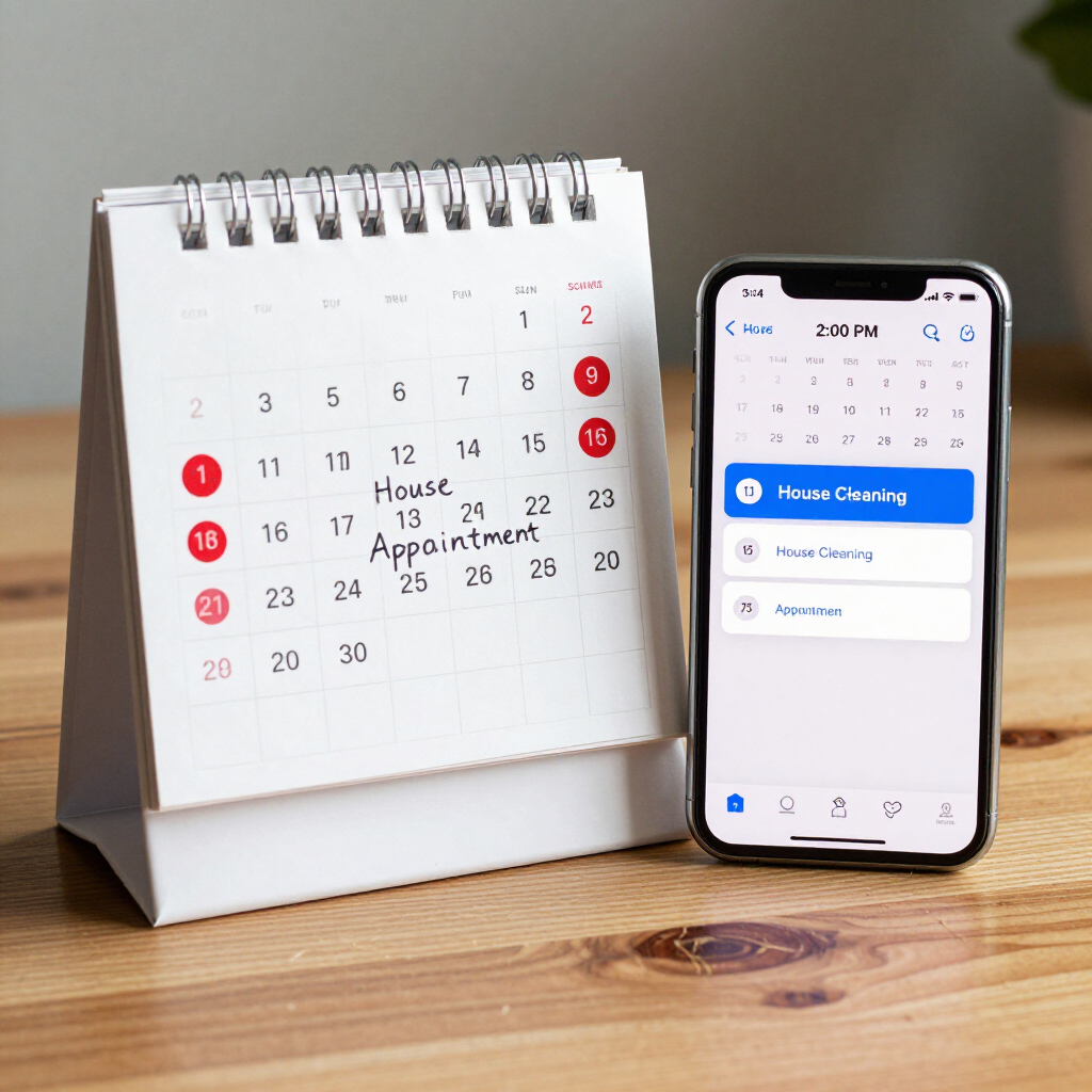 Desk calendar beside a smartphone showing a scheduling app on a wooden table