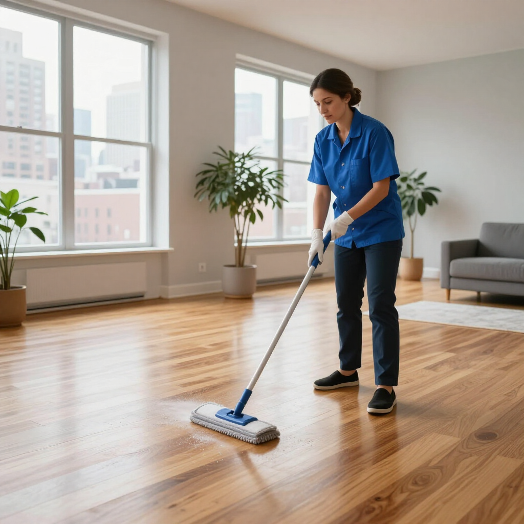 Person mopping a sunlit hardwood floor in a modern room with large windows
