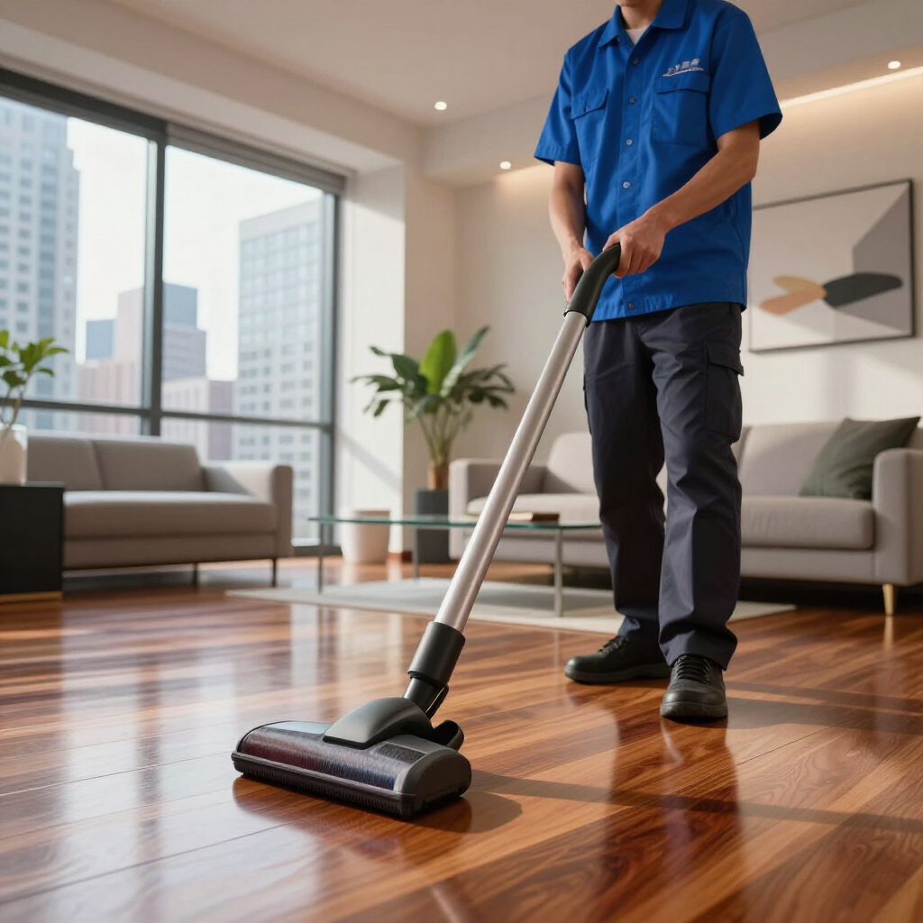 Cleaner vacuuming a polished wooden floor in a bright modern living room