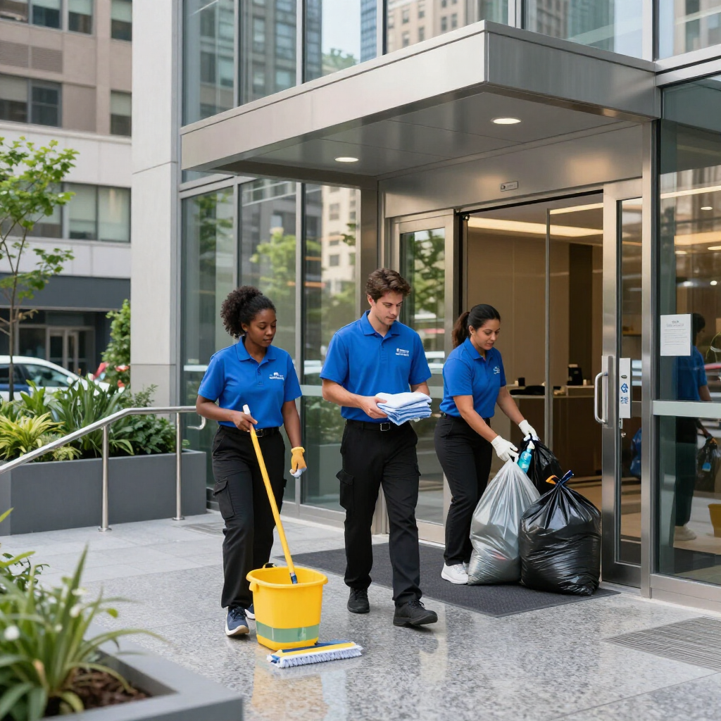 Cleaning crew mopping and collecting trash outside a modern office building entrance