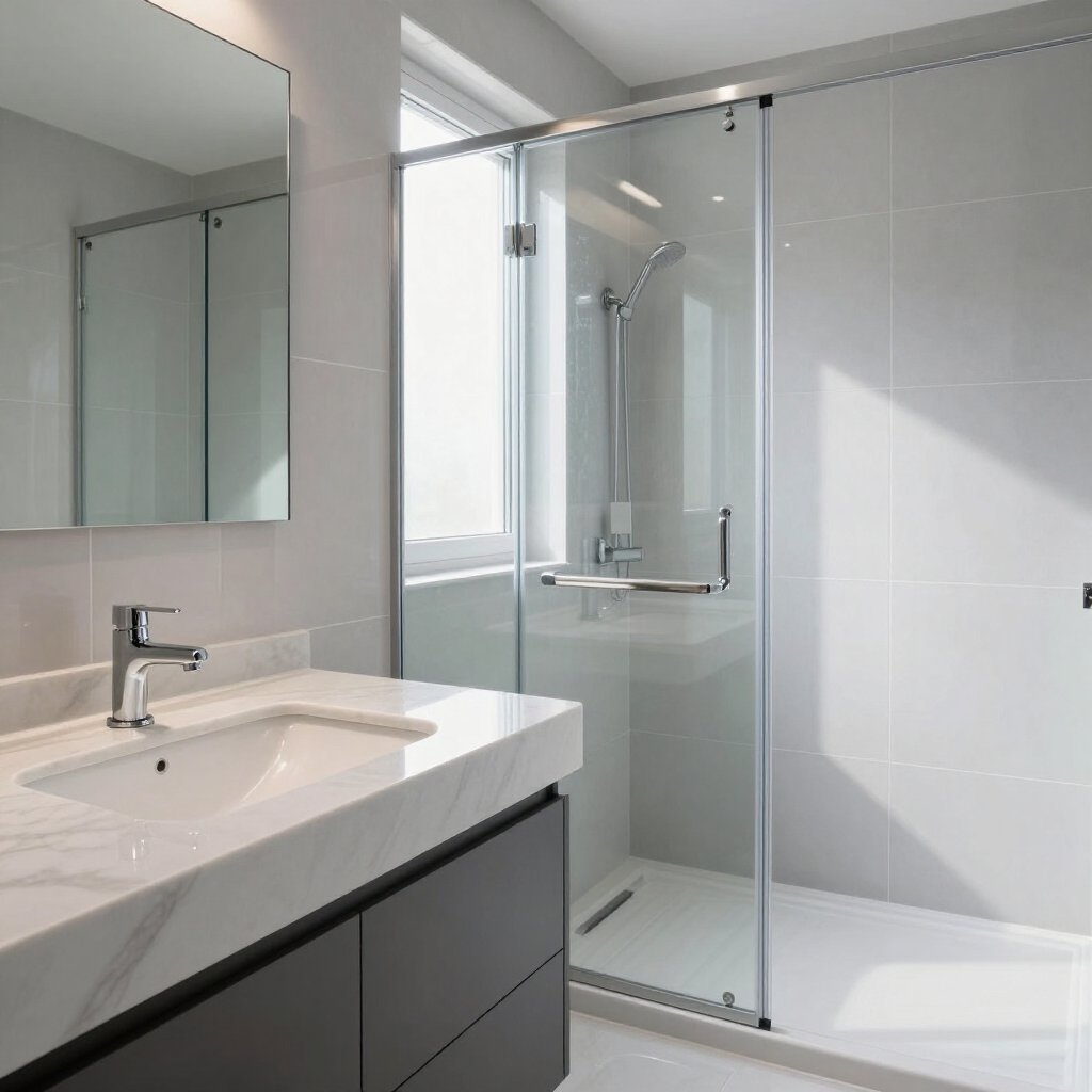 Modern bathroom with white vanity, mirror, and glass-enclosed shower in gray and white tones